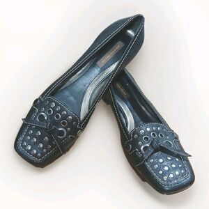 Antonio Melani Womens Shoes Black Slip On Studded Leather Loafer Flats Moc 7.5 M